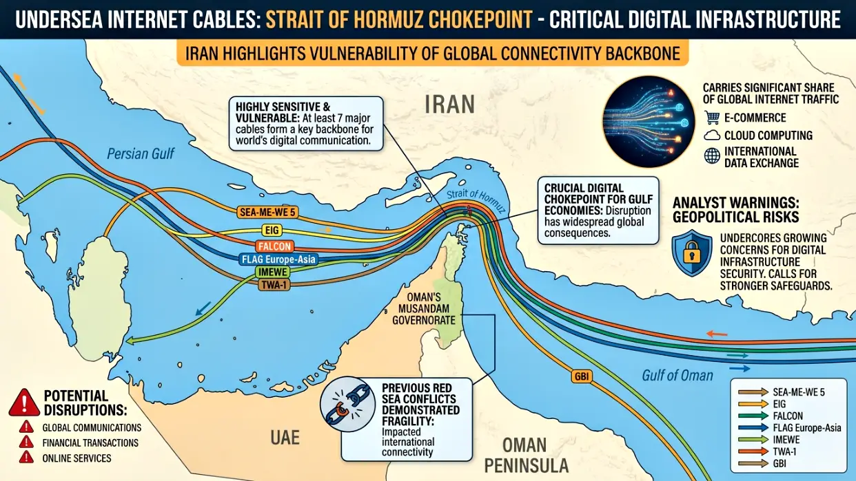 Map showing undersea internet cables passing through the Strait of Hormuz highlighting global digital infrastructure routes and strategic chokepoints
