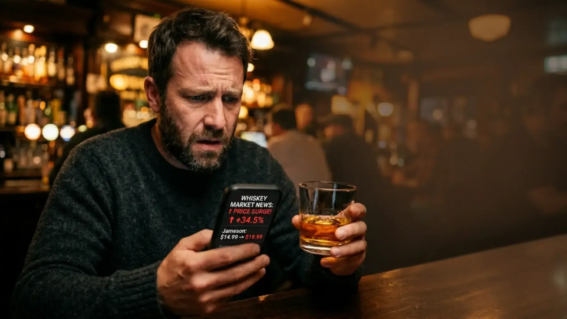 Close-up of shocked whiskey drinker reacting to price increase news