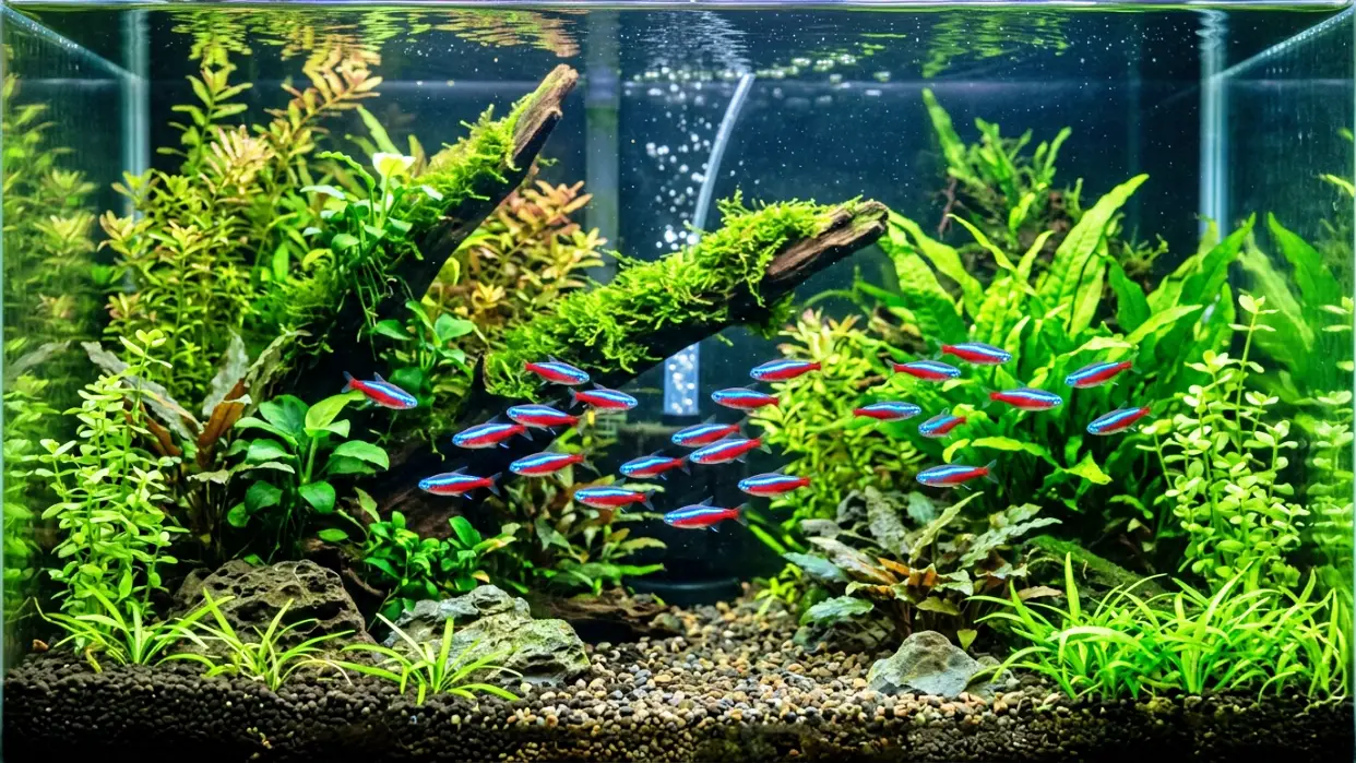 Neon Tetra fish swimming in a planted freshwater aquarium with glowing blue and red stripes under soft lighting