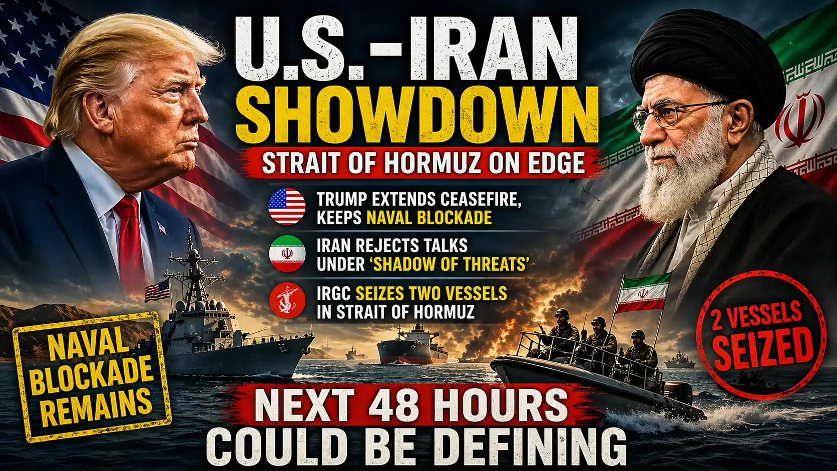Trump Extends Iran Ceasefire But Naval Blockade Stays — IRGC Seizes Two Ships in Strait of Hormuz