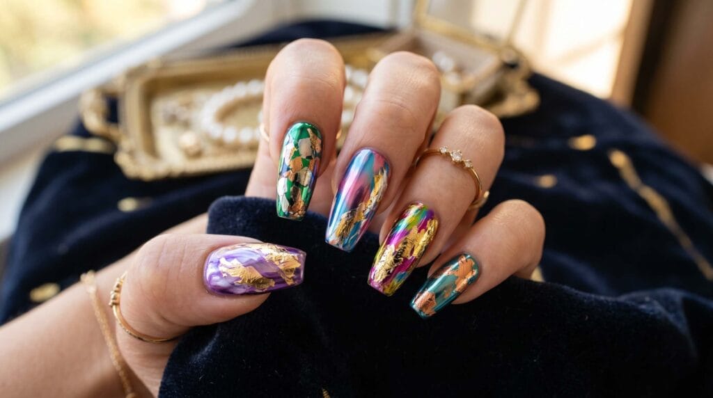 Elegant luxury nail art featuring colorful abstract patterns with a modern artistic manicure style.