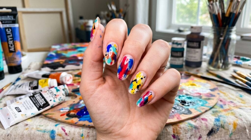 Stylish nail design featuring abstract paint splash patterns with vibrant mixed colors on manicured nails.