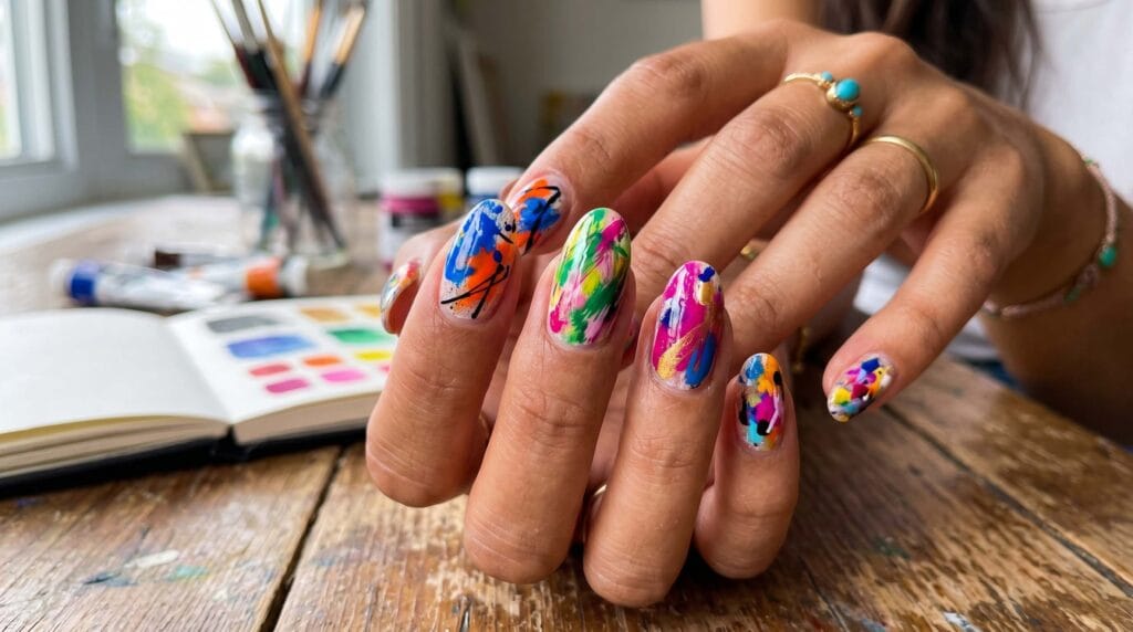 Creative abstract nail art with colorful paint splash effects and bold artistic patterns on polished nails.