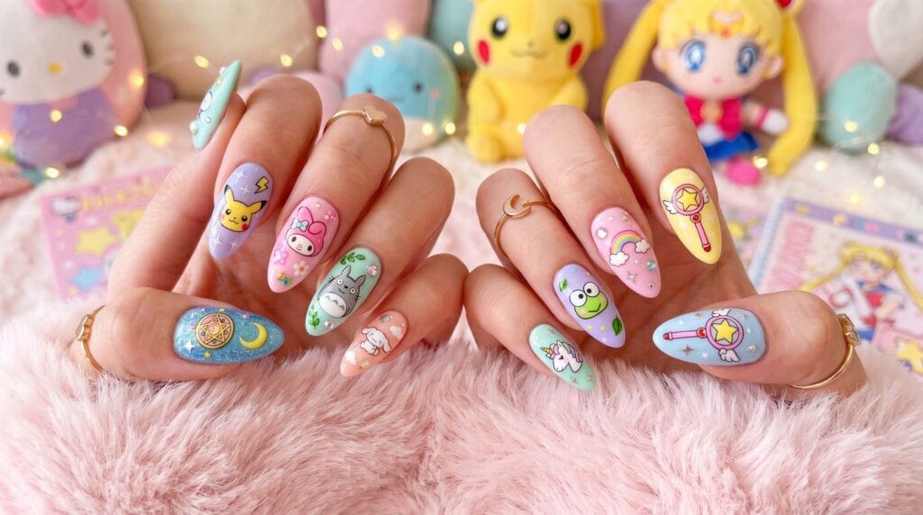 Colorful anime-inspired nail art featuring playful artistic designs and vibrant manicure patterns on stylish nails.