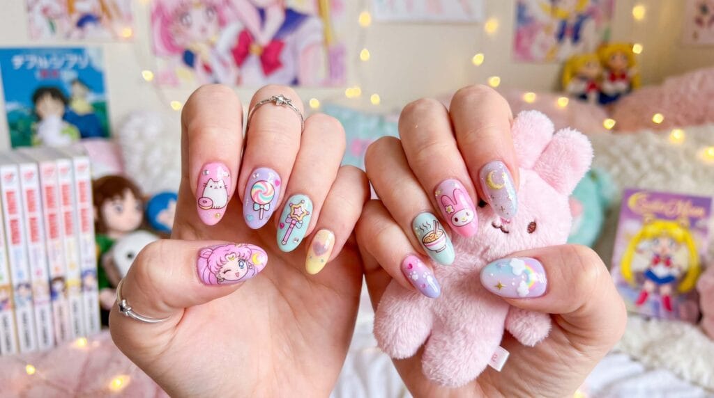Trendy anime-inspired nail design featuring colorful artistic patterns and vibrant detailed manicure styling.