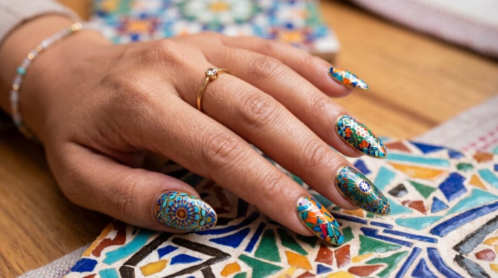 Elegant mosaic-inspired nail design with colorful geometric artwork and stylish detailed manicure accents.