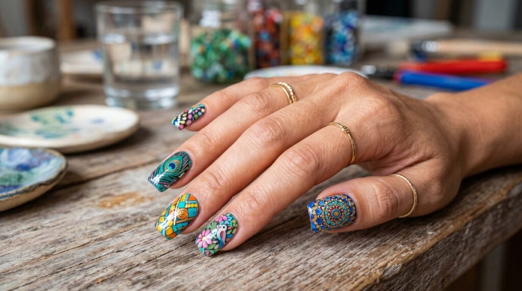 Creative mosaic tile nail art featuring colorful geometric patterns and intricate artistic manicure details.