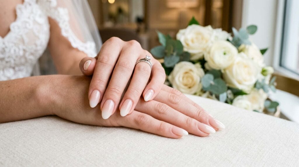 Soft baby boomer nail design featuring a smooth nude-to-white gradient finish on neatly manicured nails for a natural elegant look.