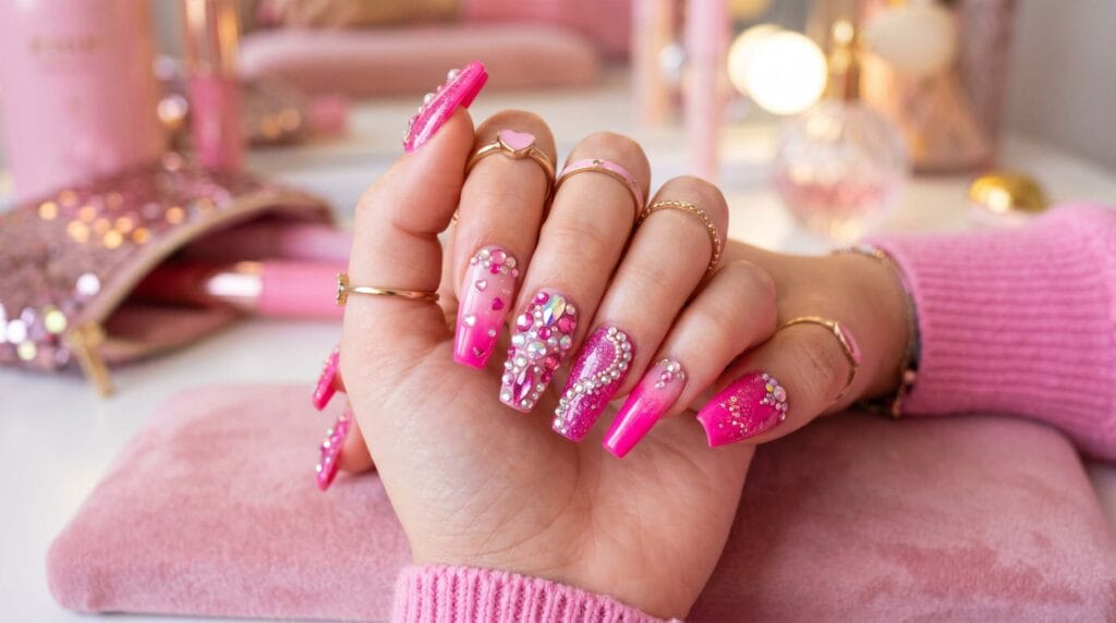 Stylish Barbiecore-inspired manicure featuring bold pink shades with colorful, playful nail art accents and a glossy modern finish.