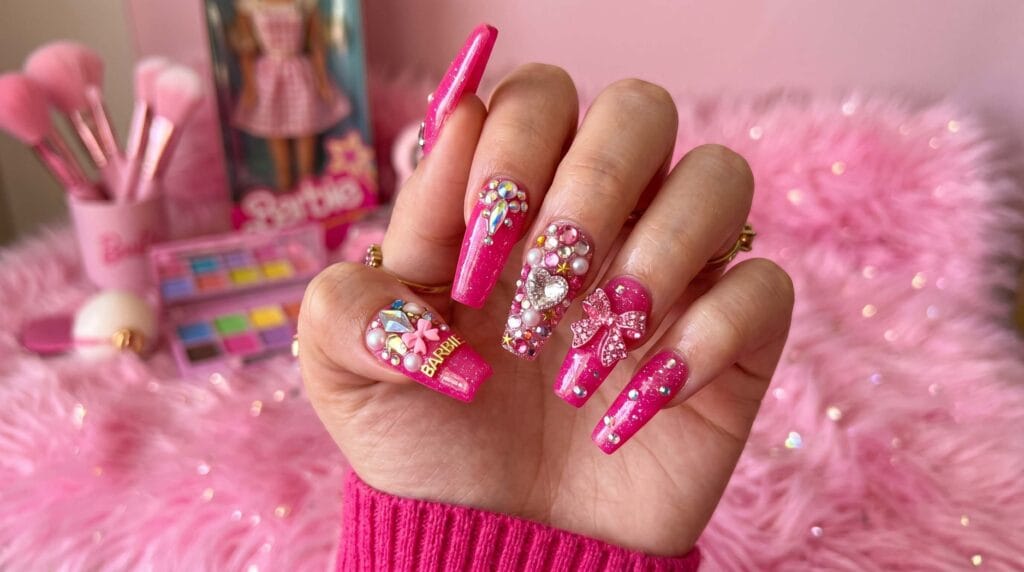Bright Barbiecore-inspired nail art featuring vibrant pink tones with playful, glamorous colorful manicure details and a trendy aesthetic finish.