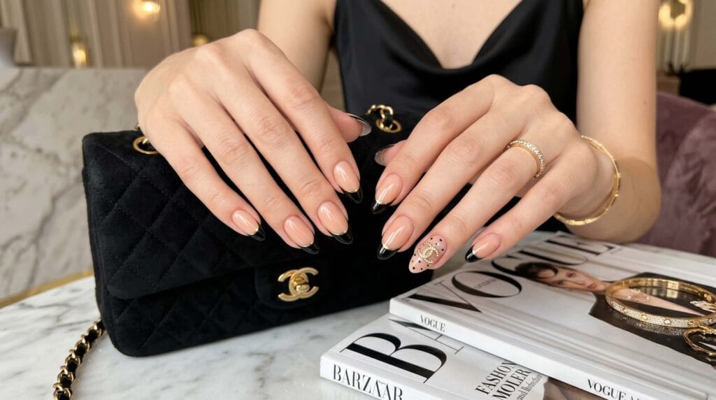 Elegant modern black French tip nails with glossy nude base and stylish minimalist manicure design.