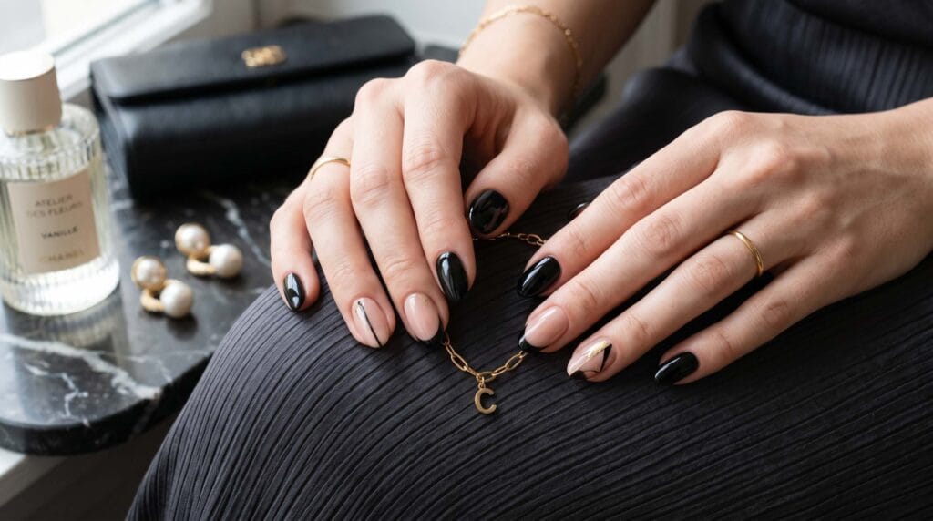 Stylish black and nude combo nails with glossy finish and trendy modern nail art styling.
