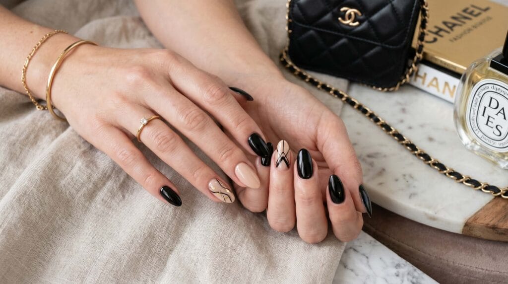 Close-up of elegant black and nude combo nails featuring a modern glossy manicure with stylish contrasting nail art design.