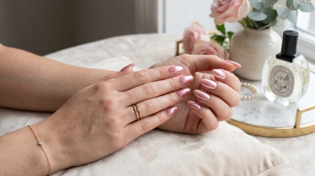 Beautiful blush pink chrome nails with a reflective glossy finish and trendy elegant nail art look.