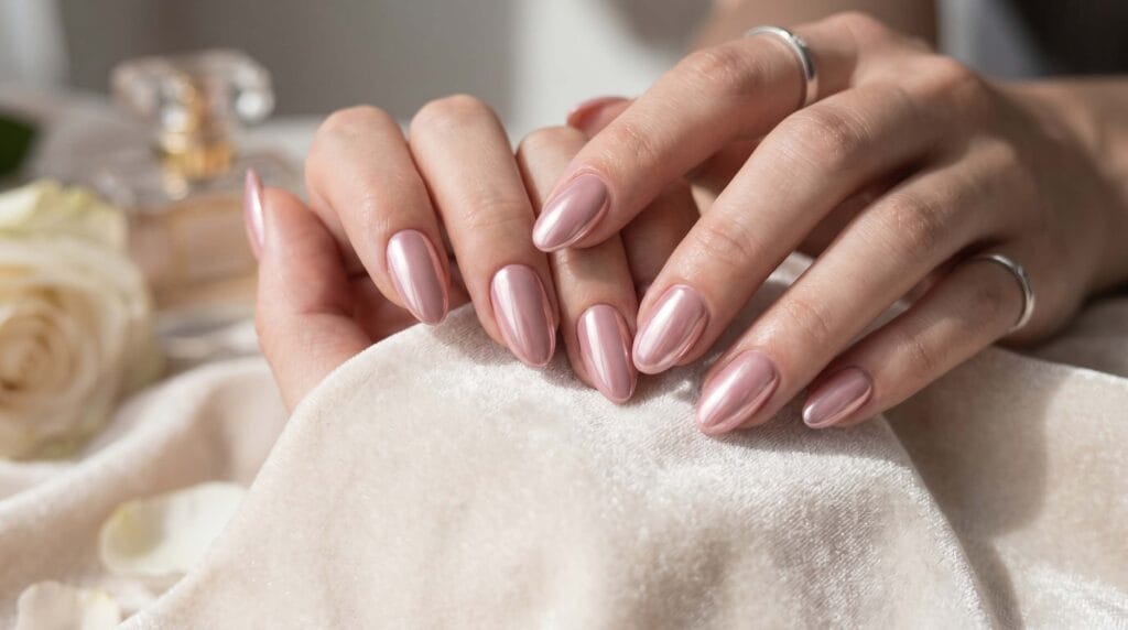 Glossy blush pink chrome nails featuring a reflective metallic finish and elegant modern manicure style.