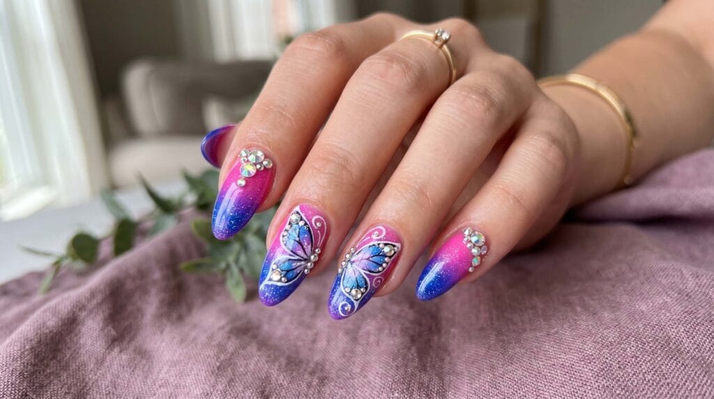 Elegant butterfly gradient nails featuring sparkling glitter accents and soft blended pastel nail art styling.