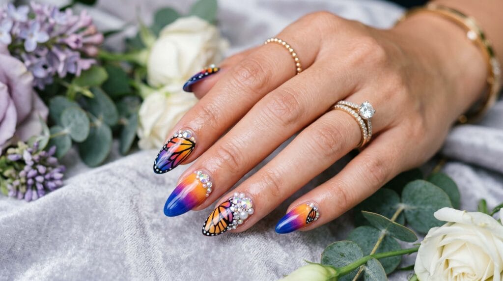 Beautiful butterfly gradient nails with sparkling details, soft color blend, and elegant glitter nail art design.