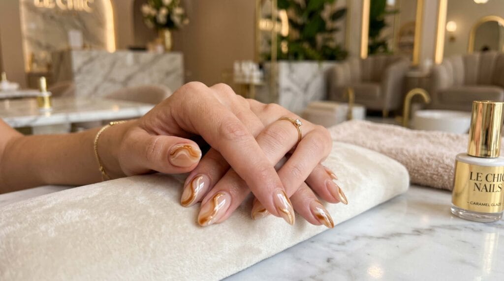Glossy caramel swirl nail design featuring warm brown tones and chic abstract manicure styling.