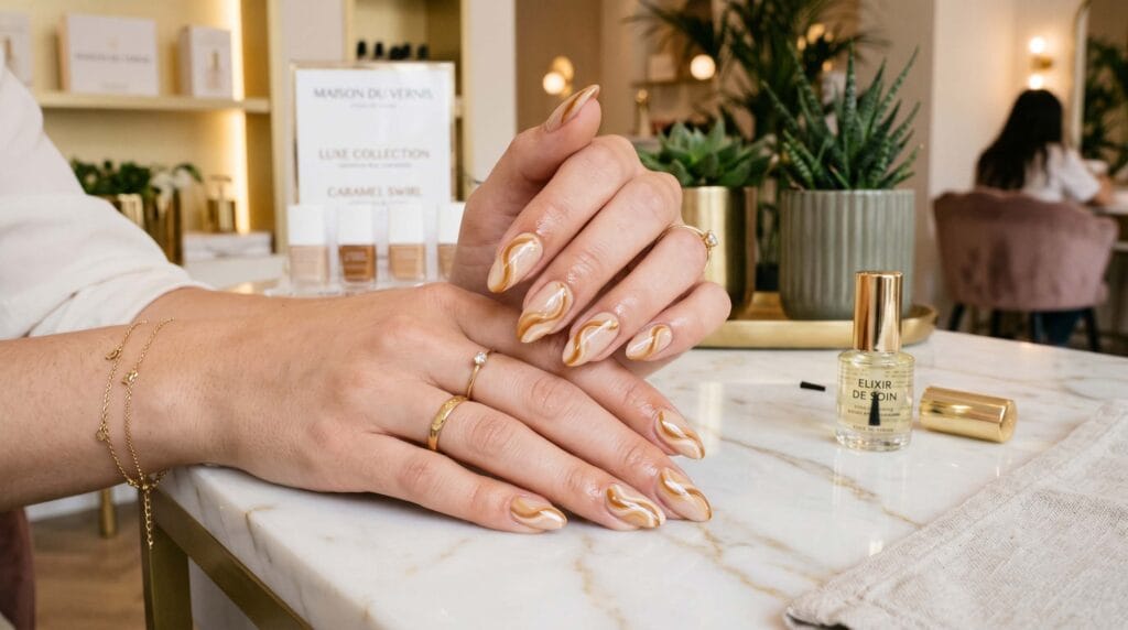 Stylish caramel swirl nails with glossy finish and elegant brown-toned abstract nail art design.