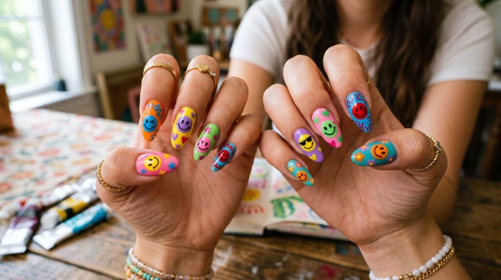 Fun cartoon inspired colorful nails featuring playful patterns, vibrant shades, and creative artistic manicure styling.
