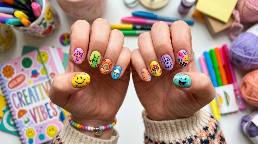 Bright cartoon inspired nails with colorful patterns and playful artistic nail design featuring vibrant and creative manicure styling.