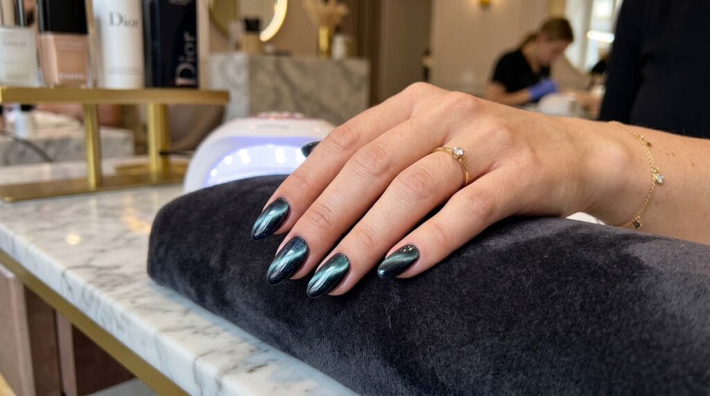 Stylish cat-eye magnetic nails with shimmering light-reflecting effect and glossy elegant manicure design.