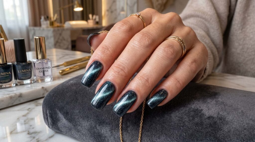 Elegant cat-eye magnetic nails featuring a shimmering reflective effect and glossy modern manicure finish.