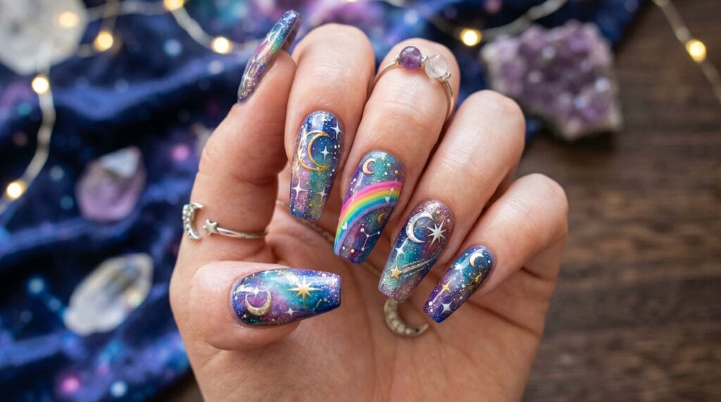 Dreamy celestial rainbow nails with moon accents, soft multicolor gradients, and elegant cosmic-inspired nail art styling.