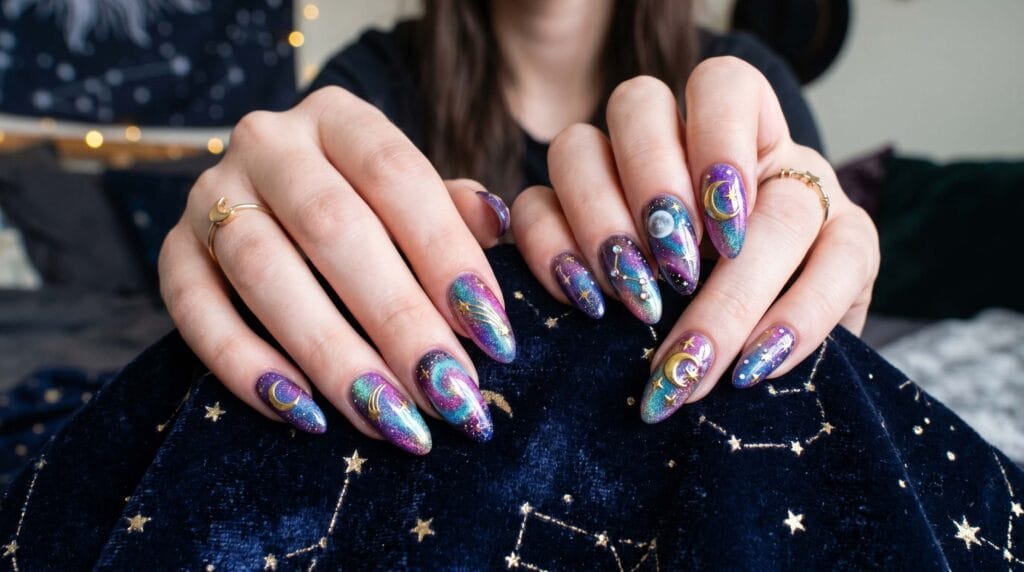 Elegant celestial rainbow nails featuring moon motifs, soft gradient colors, and dreamy cosmic-inspired nail art design.