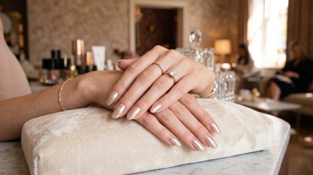 Elegant champagne shimmer nails with sparkling glossy finish and soft neutral-toned luxurious nail art design.