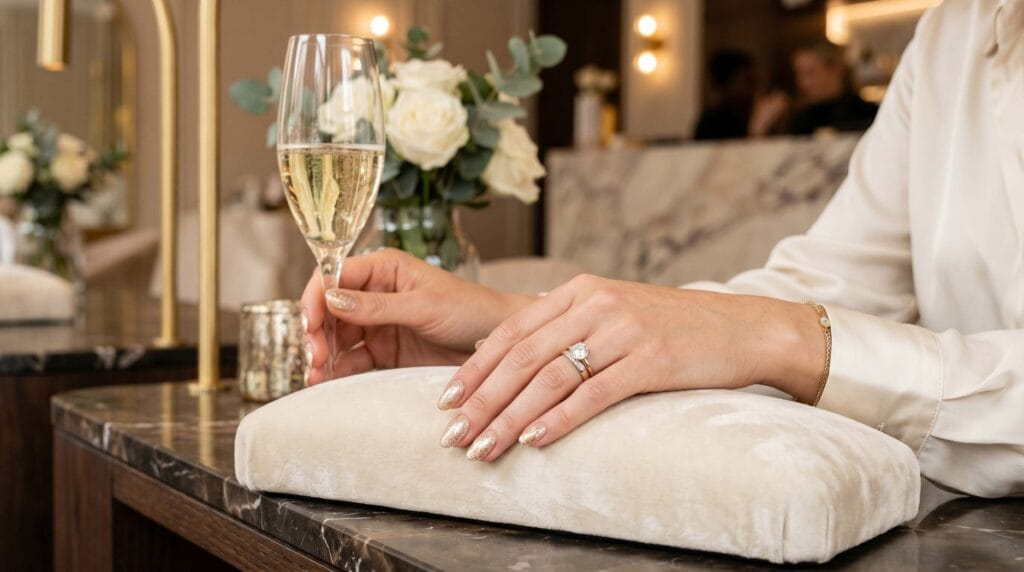 Glossy champagne shimmer nails with elegant sparkling finish and soft neutral luxury manicure styling.