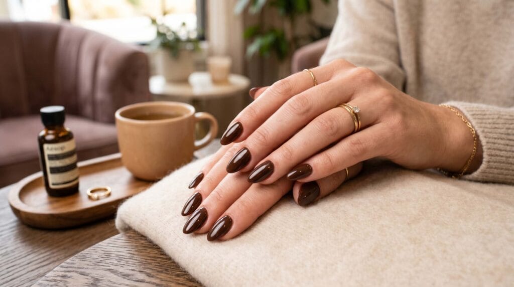 Stylish chocolate brown glossy nails featuring a smooth, rich finish and minimalist elegant manicure look.