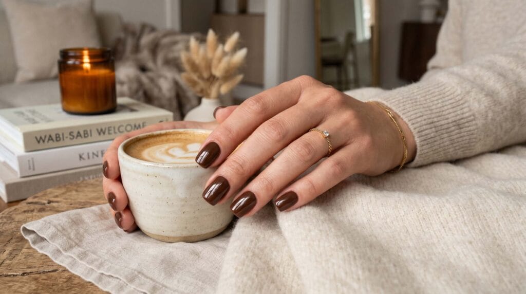Elegant chocolate brown glossy nails with a smooth finish and modern minimalist manicure styling.