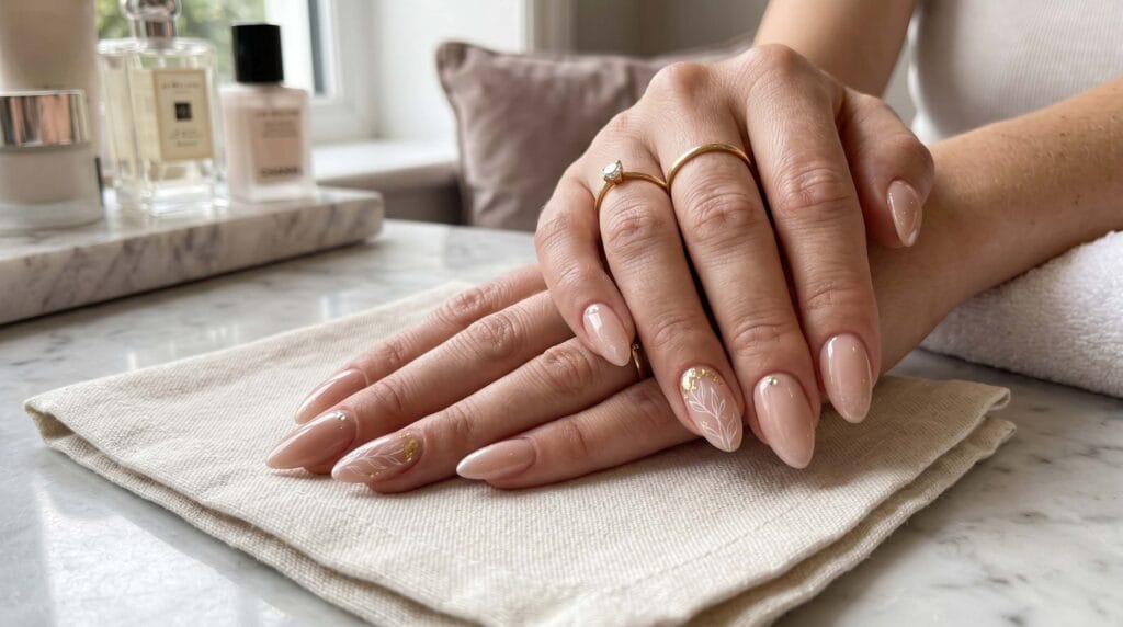 Classy nude glossy nails with an elegant, smooth and shiny finish in a natural nude shade, giving a clean and minimal manicure look.