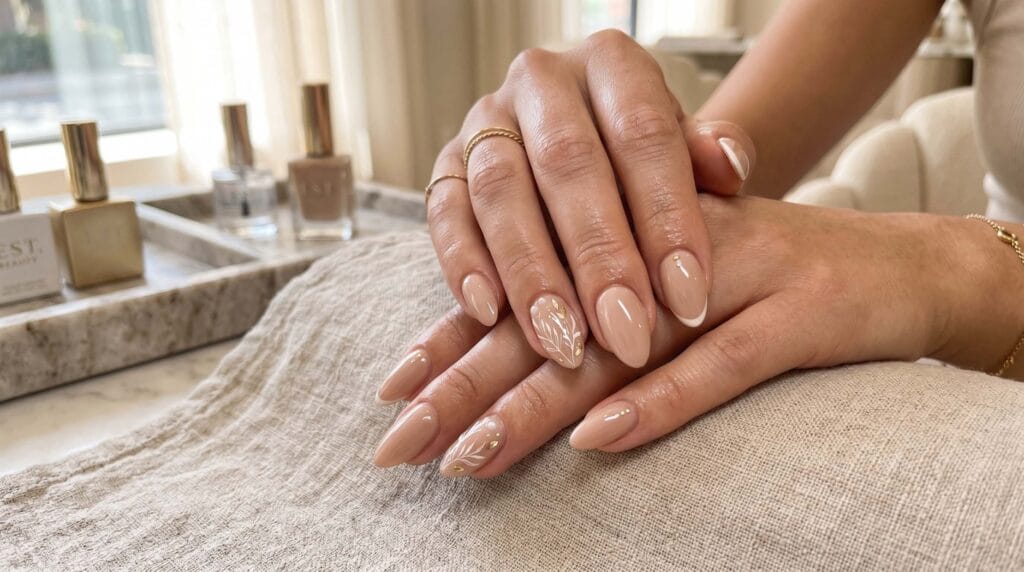 Elegant nude glossy manicure with a clean, classy finish featuring smooth, shiny nails in a natural neutral tone.