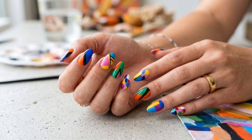 Modern color blocking nail design featuring bold geometric sections in contrasting shades, creating a stylish and trendy manicure look.