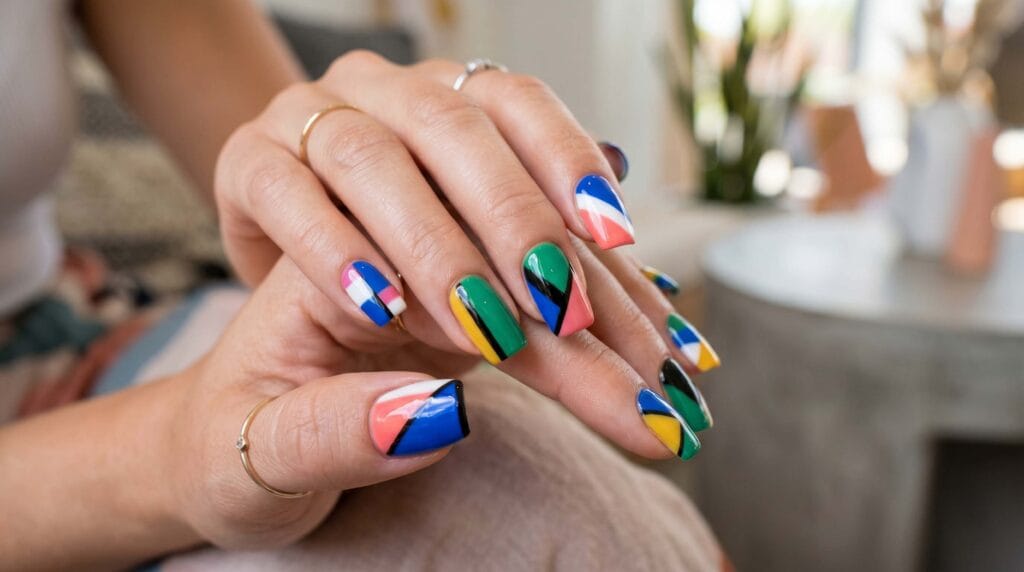 Trendy color blocking nail design featuring clean geometric shapes in contrasting colors, creating a modern and stylish abstract manicure look.