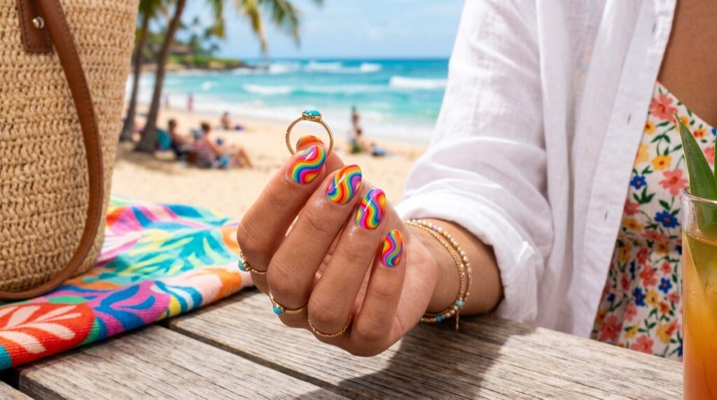 Colorful rainbow swirl nail art featuring vibrant abstract curved patterns in multiple bright shades, creating a playful and artistic manicure look.