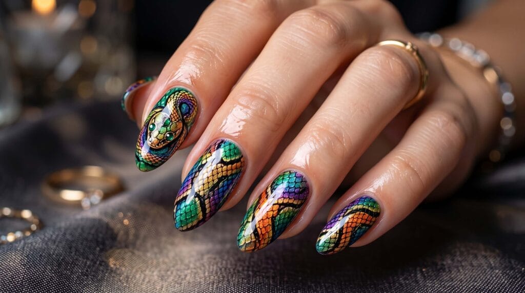 Abstract nail art with a colorful snake-inspired pattern featuring flowing shapes and vibrant multi-color detailing for a bold and artistic manicure look.