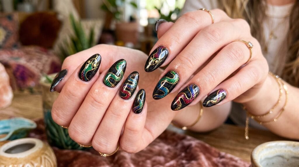 Bold colorful nail design featuring a snake-inspired pattern with flowing abstract shapes and vibrant shades, creating a striking and artistic manicure look.