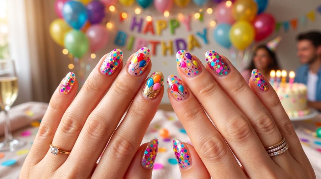 Birthday nail art with a soft nude base decorated with colorful confetti dots, glitter, and holographic sprinkles for a fun party-inspired look.