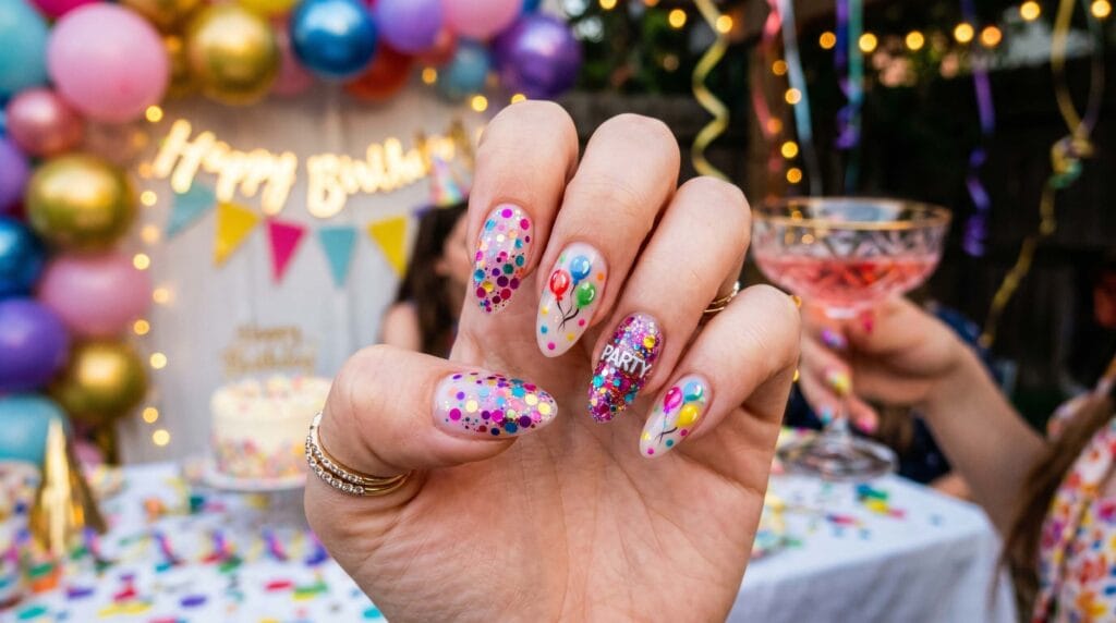 Close-up of birthday nail design featuring a nude base with scattered colorful confetti dots, glitter flakes, and holographic accents creating a festive party-style manicure.