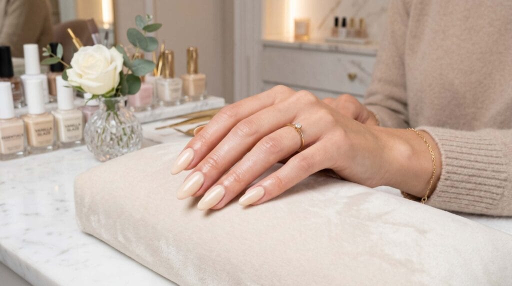 Close-up of glossy neutral manicure featuring creamy vanilla-colored nails with a smooth, shiny finish for a clean and elegant look.