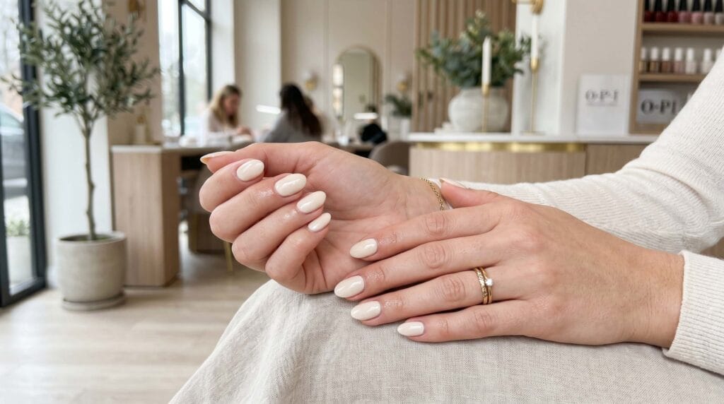 Close-up of neatly shaped nails painted in a creamy vanilla shade with a glossy finish, creating a soft, clean, and elegant neutral manicure look.