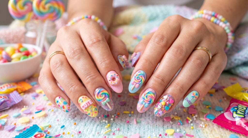 Cute candy themed nails featuring colorful pastel nail art, sweet candy-inspired patterns, and glossy manicure design.