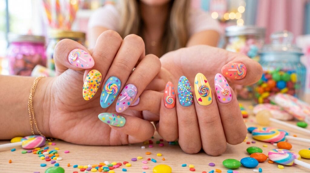 Cute candy themed nail art with colorful pastel designs, sweet-inspired patterns, and glossy manicure styling.