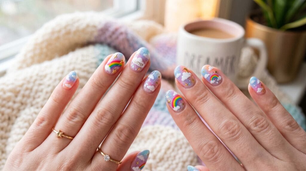 Cute cloud nails with rainbow design featuring pastel colors, fluffy cloud nail art, and dreamy glossy manicure styling.