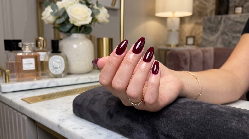 Deep burgundy glossy nails with rich dark red tones, shiny finish, and elegant modern manicure style.