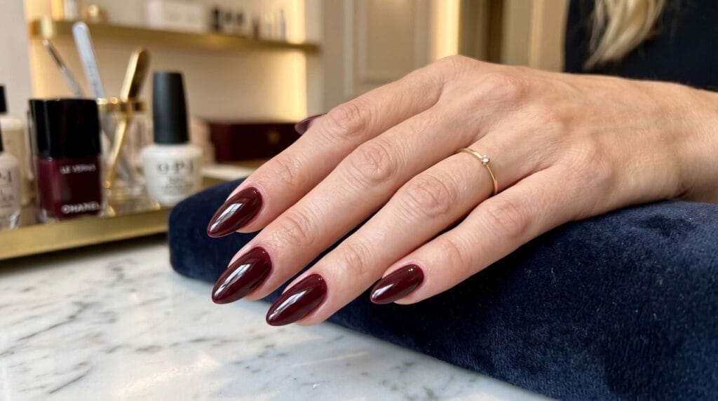 Rich deep burgundy glossy nails featuring dark wine red shades, ultra shiny finish, and elegant manicure design.