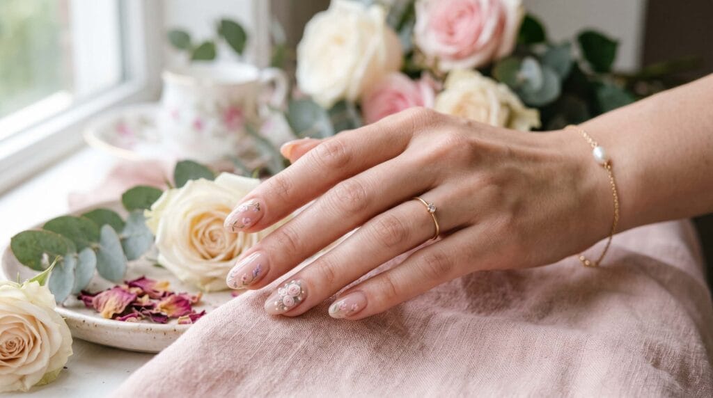 Delicate floral nail art with soft flower details, pastel colors, and elegant glossy manicure styling.